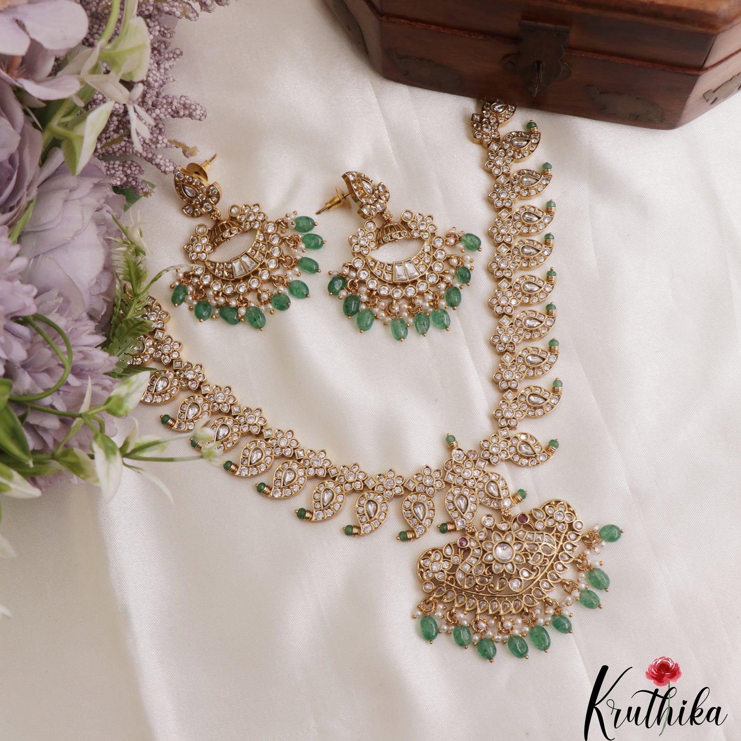 Stunning Mango Peacock Motifs CZ Necklace With Green Bead Drops NC3089 (Available In 2 Colors)