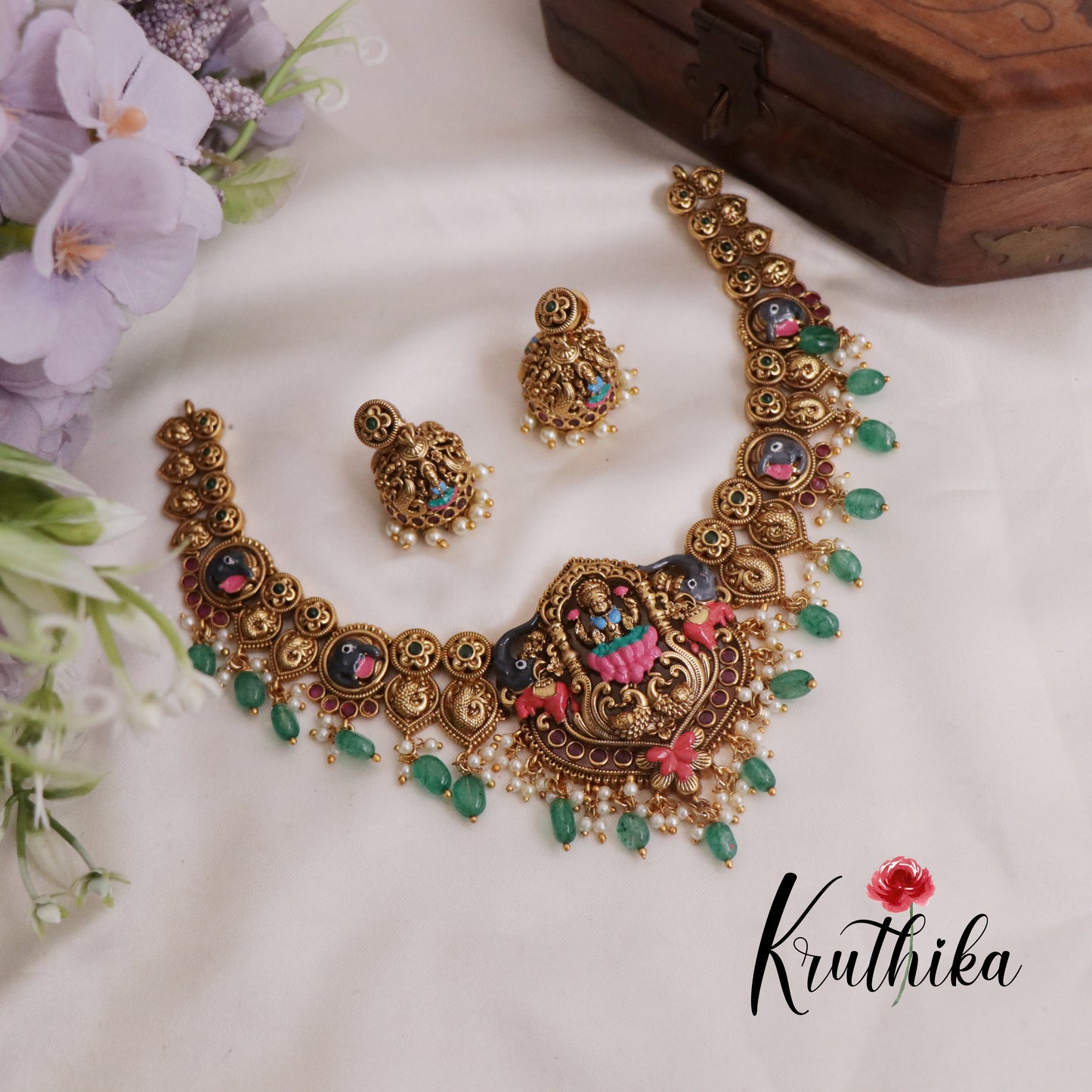 Royal Bridal Antique Gajalakshmi Peacock Necklace with Green Beads Drops NC2398