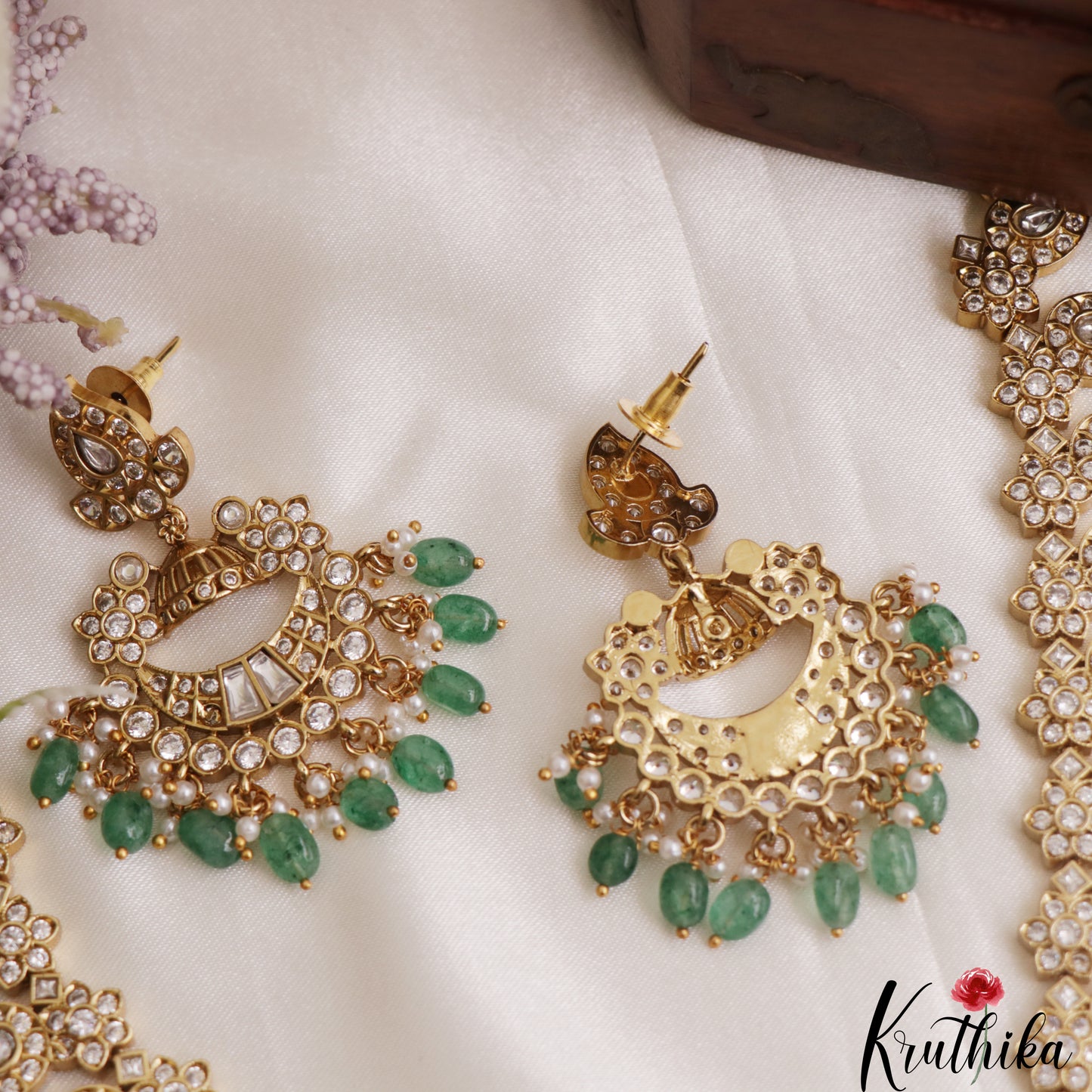 Stunning Mango Peacock Motifs CZ Necklace With Green Bead Drops NC3089 (Available In 2 Colors)