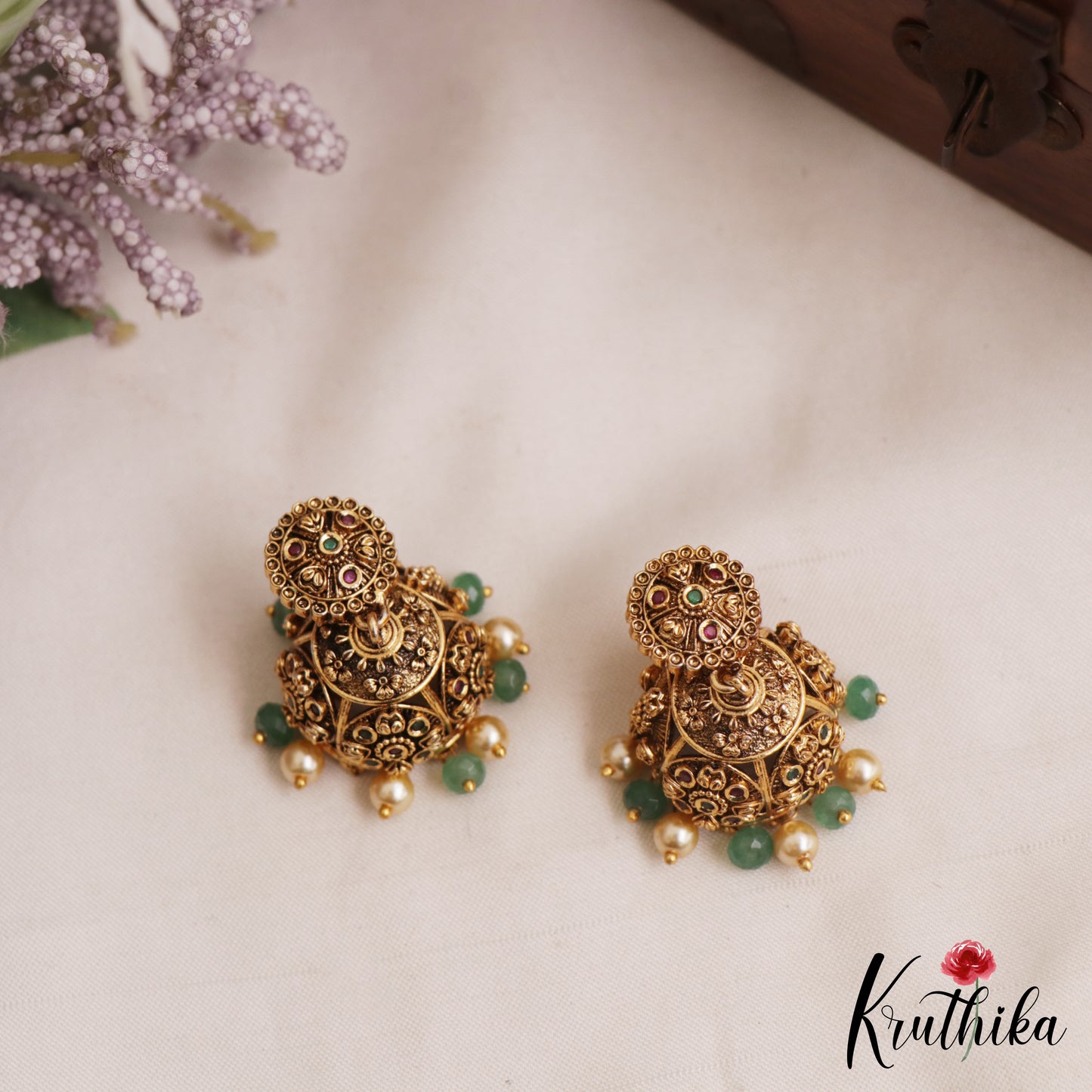 Classic Antique Floral Motifs Jhumkas With Pearl Bead Drops E1164 (Available In 2 Colors)