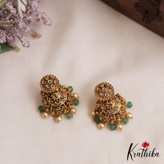 Classic Antique Floral Motifs Jhumkas With Pearl Bead Drops E1164 (Available In 2 Colors)