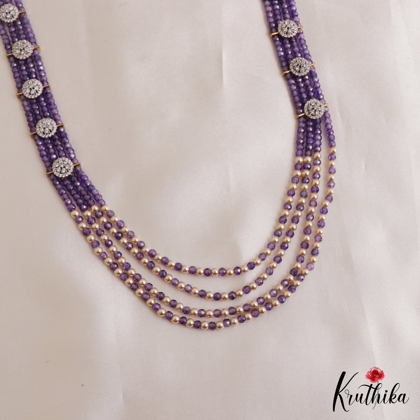 Sparkling Multi Layered Crystal & Pearl Haaram With Floral Accents LH2127 (Available In 7 Colors)