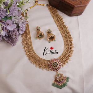 Royal Two layer No-Idol Jadau Floral Haaram with Pastel Green Drops LH1897