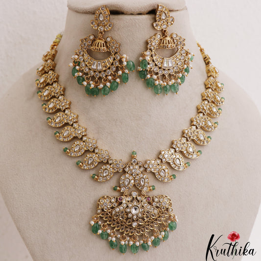 Stunning Mango Peacock Motifs CZ Necklace With Green Bead Drops NC3089 (Available In 2 Colors)