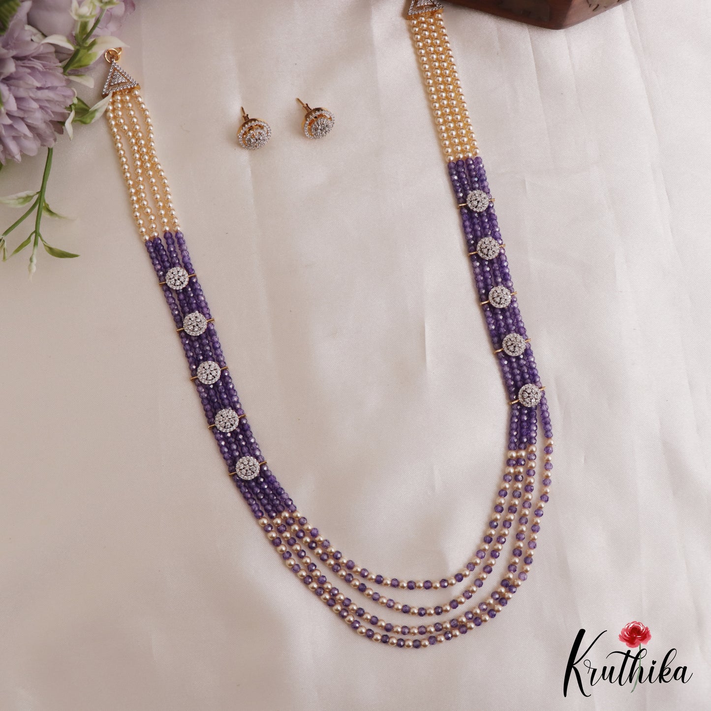 Sparkling Multi Layered Crystal & Pearl Haaram With Floral Accents LH2127 (Available In 7 Colors)