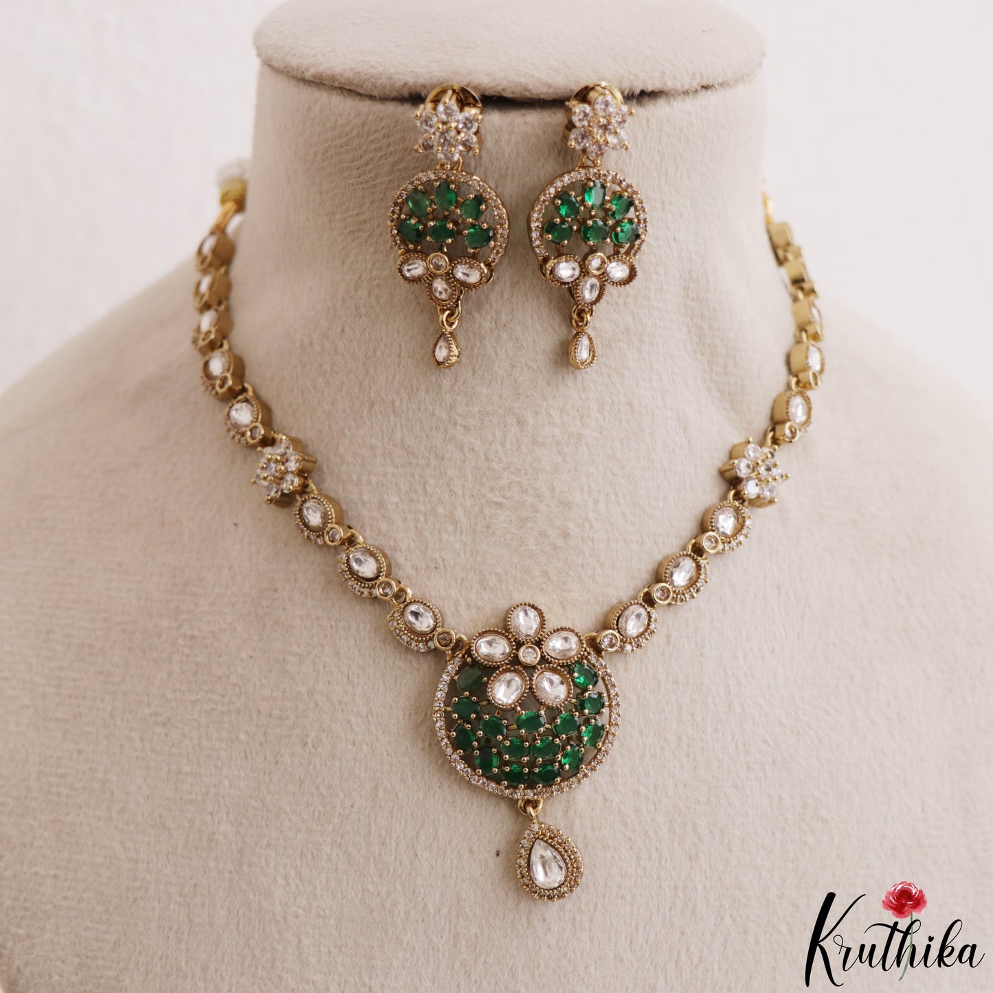Classic Floral Motifs Polki CZ Victorian Necklace NC3190 (Available In 4 Colors)