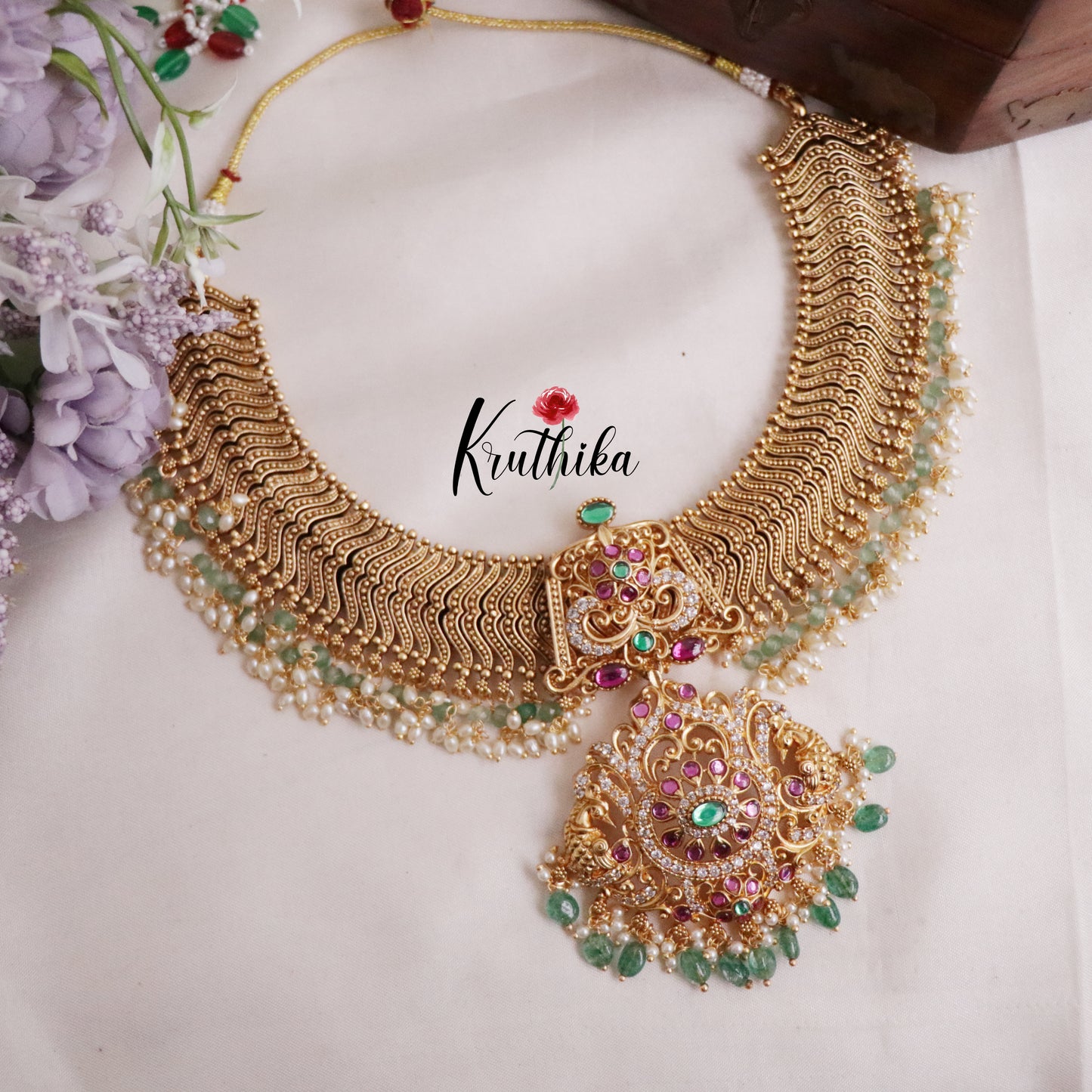 Premium Gold Plated Peacock Design Jadau Bridal Necklace NC2051
