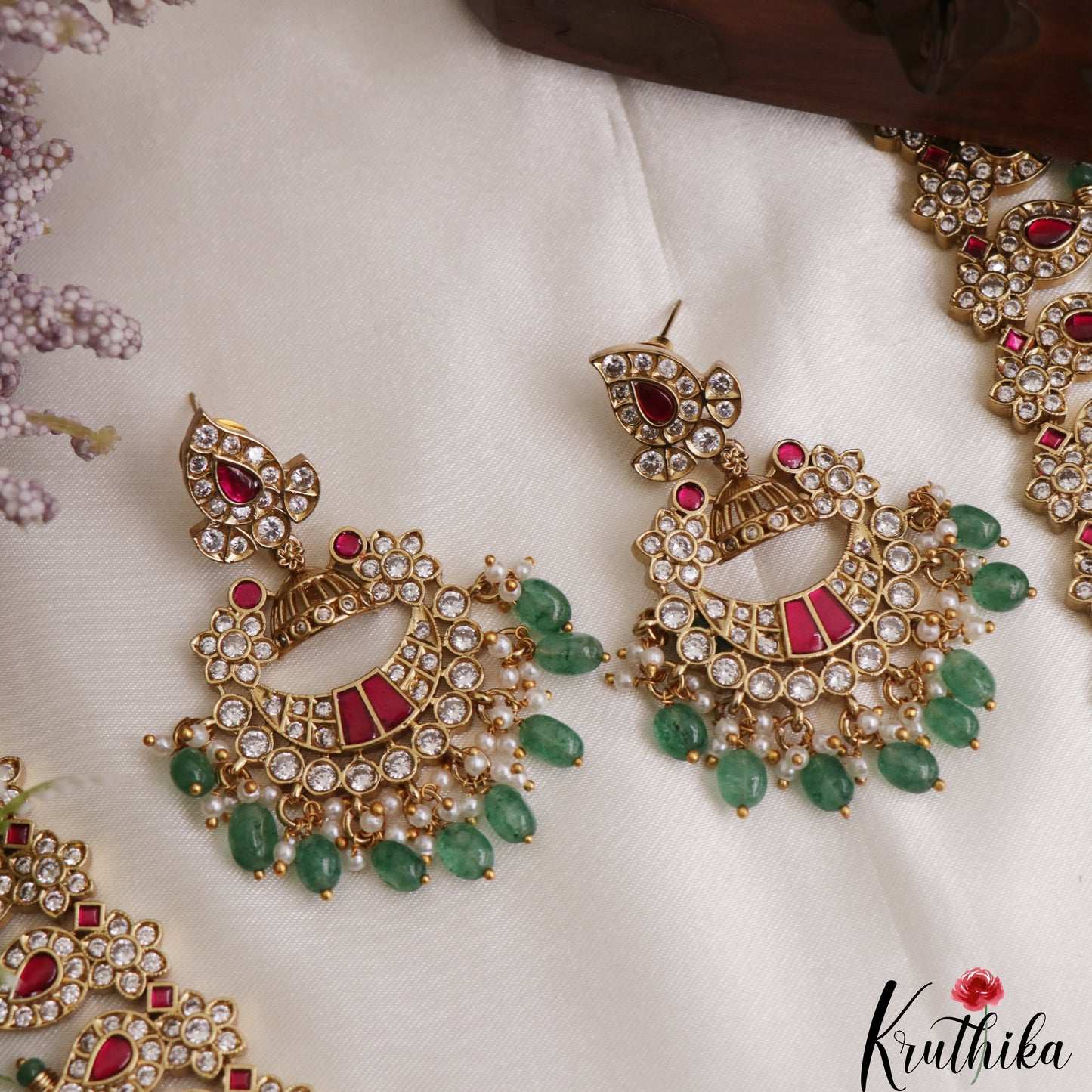 Stunning Mango Peacock Motifs CZ Haaram With Green Bead Drops LH2136 (Available In 2 Colors)