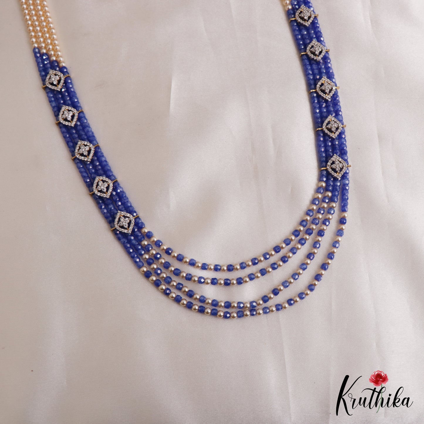 Classic Multi Layered Crystal & Pearl Haaram With Floral Accents LH2128 (Available In 8 Colors)