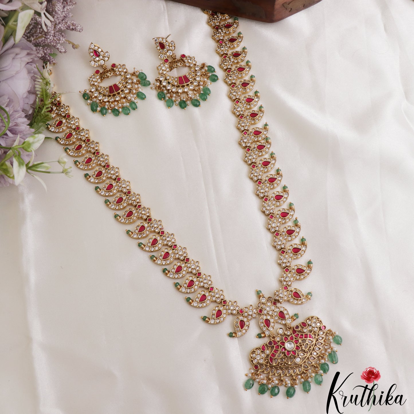 Stunning Mango Peacock Motifs CZ Haaram With Green Bead Drops LH2136 (Available In 2 Colors)