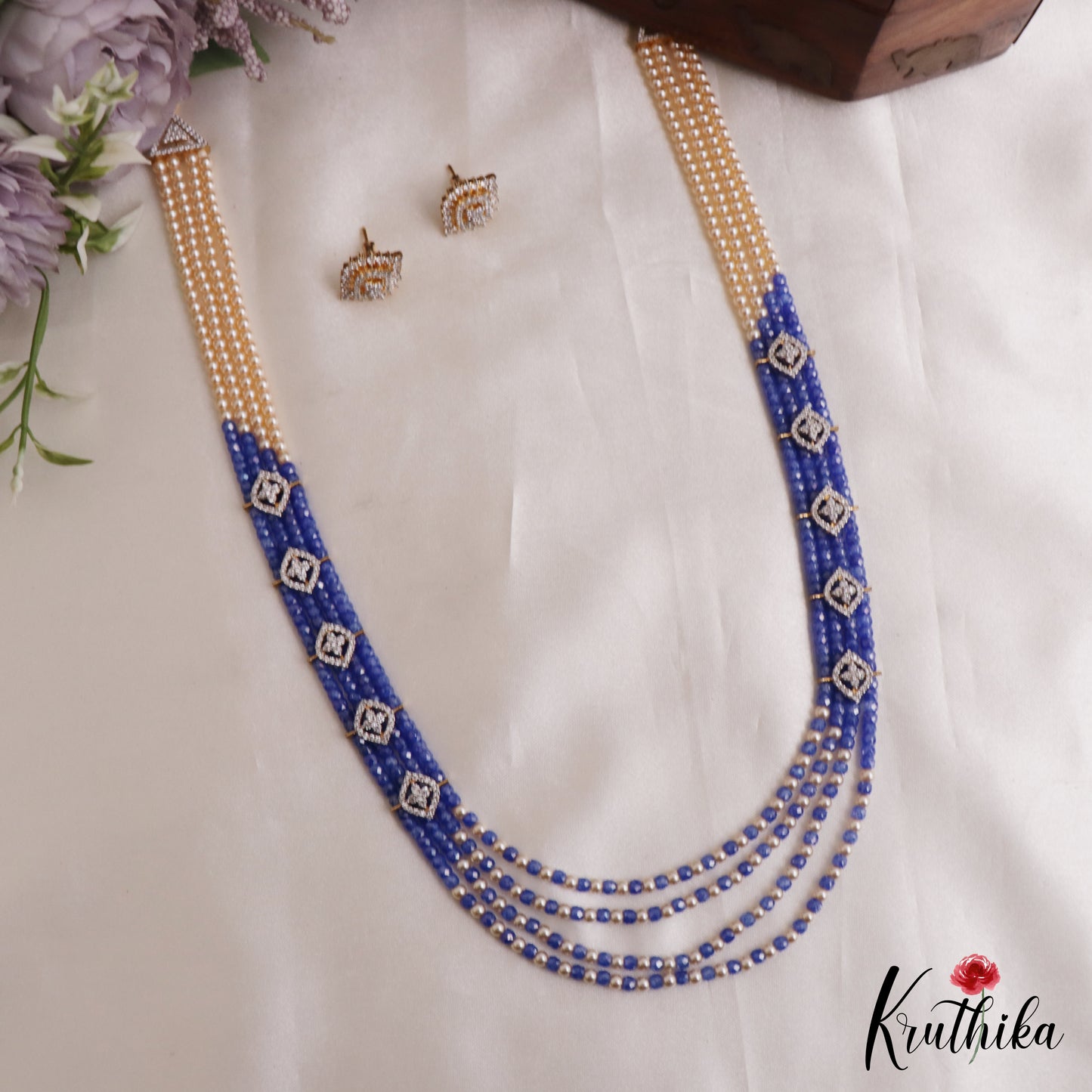 Classic Multi Layered Crystal & Pearl Haaram With Floral Accents LH2128 (Available In 8 Colors)