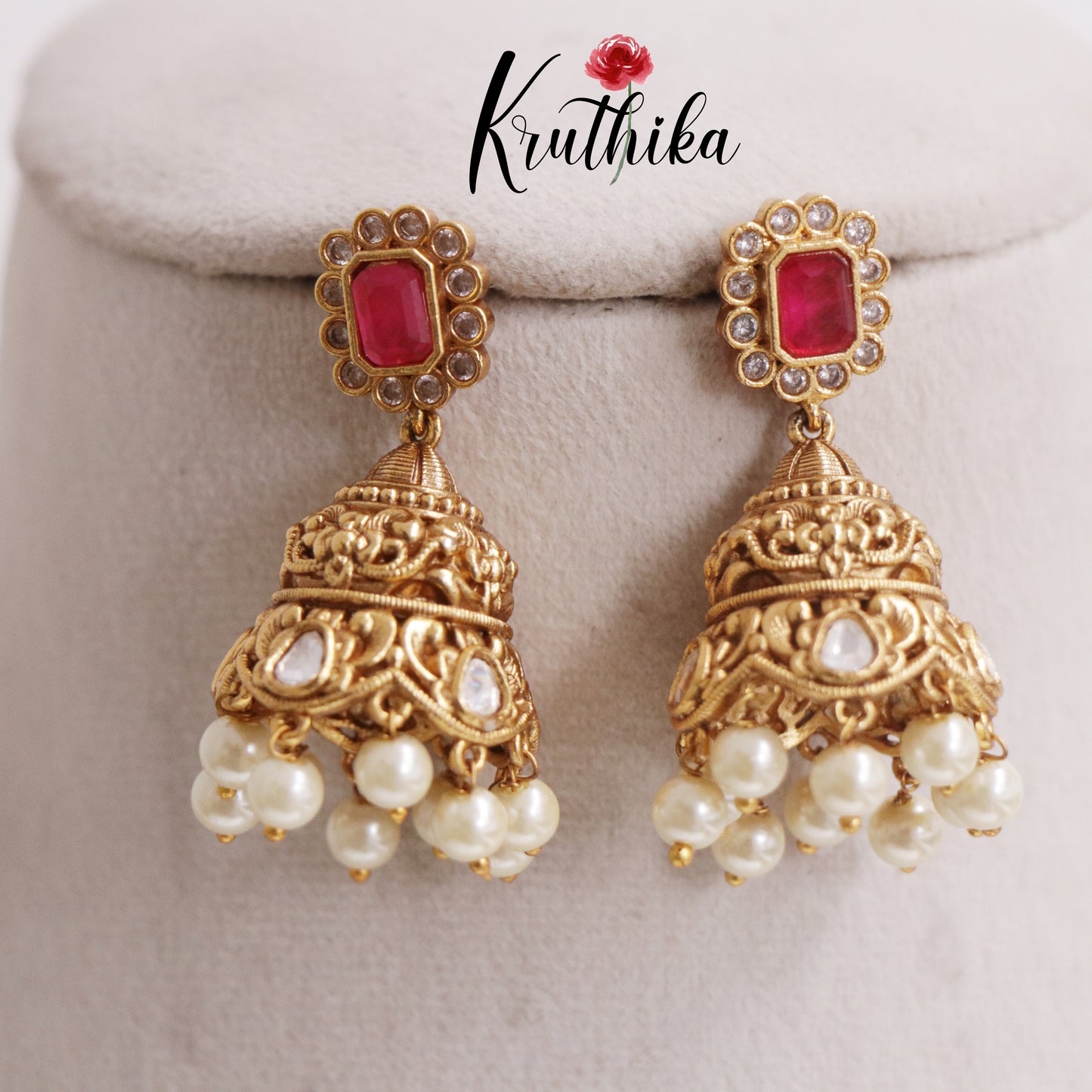 Simple AD Jhumkas with Pearls Drops E734 (Available in 2 Colours)