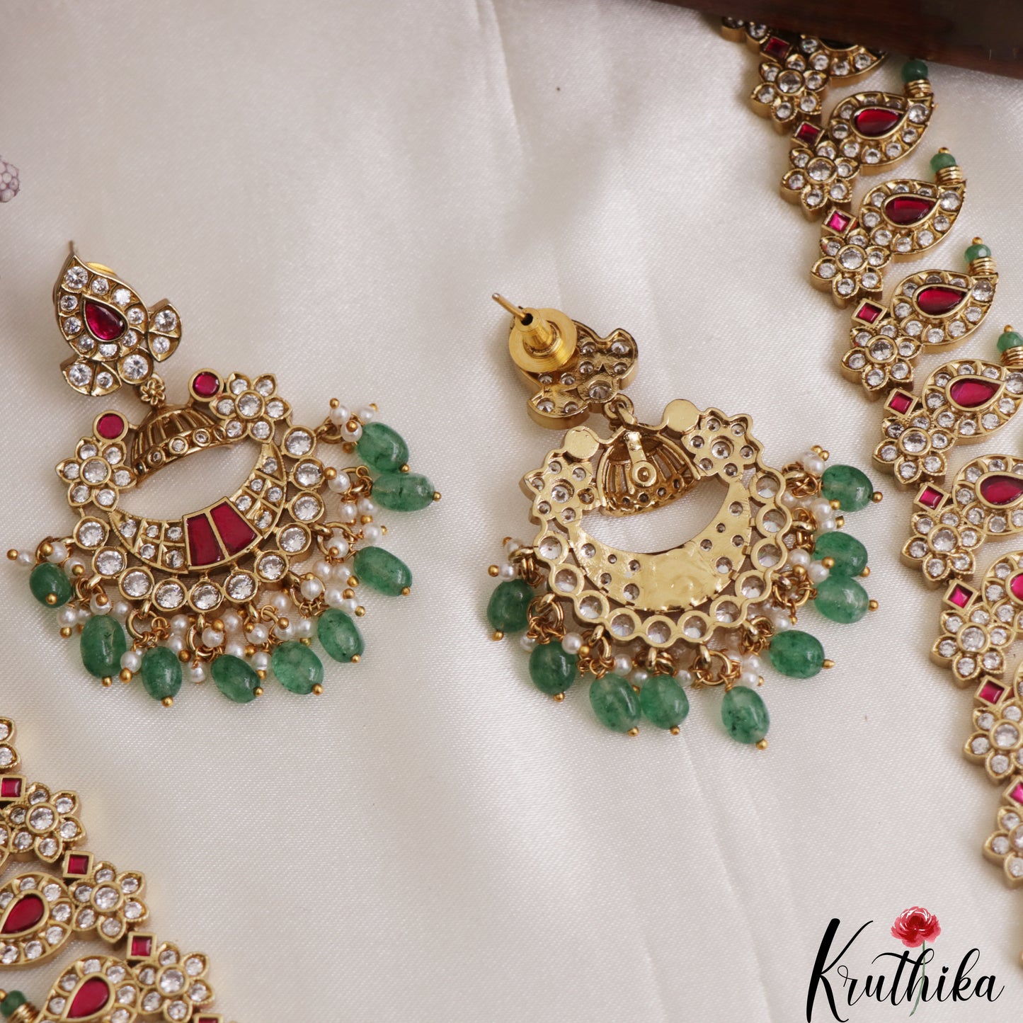 Stunning Mango Peacock Motifs CZ Haaram With Green Bead Drops LH2136 (Available In 2 Colors)