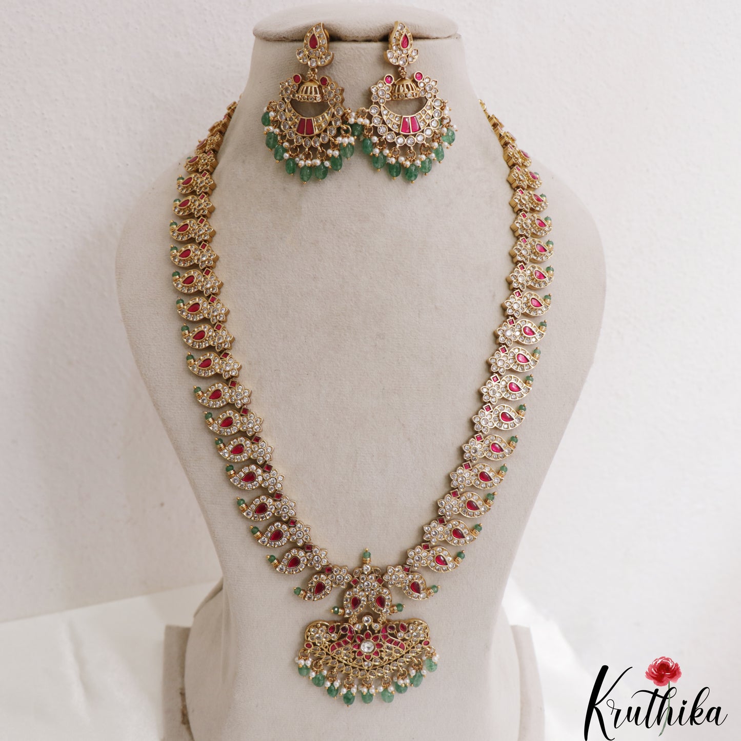 Stunning Mango Peacock Motifs CZ Haaram With Green Bead Drops LH2136 (Available In 2 Colors)