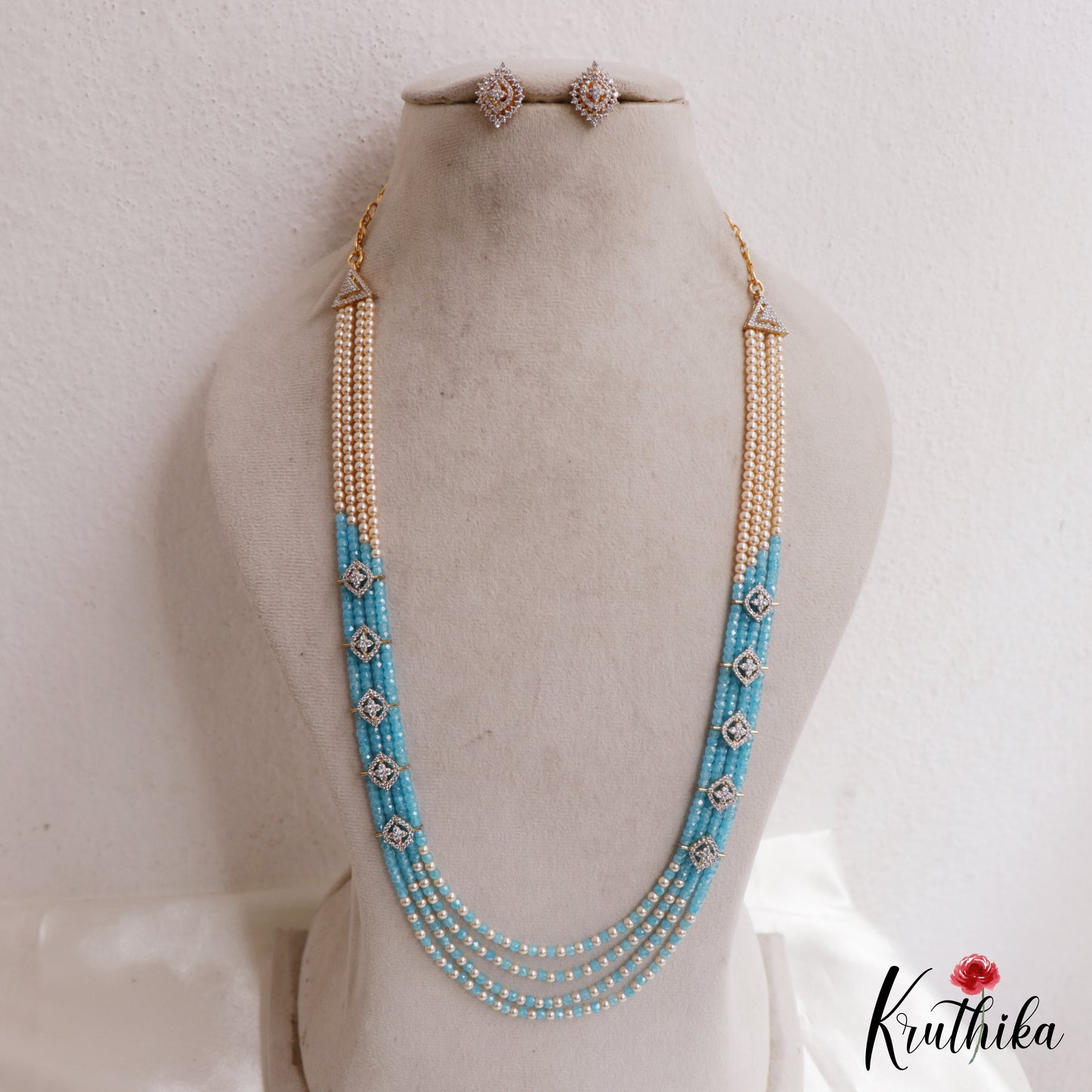 Classic Multi Layered Crystal & Pearl Haaram With Floral Accents LH2128 (Available In 8 Colors)