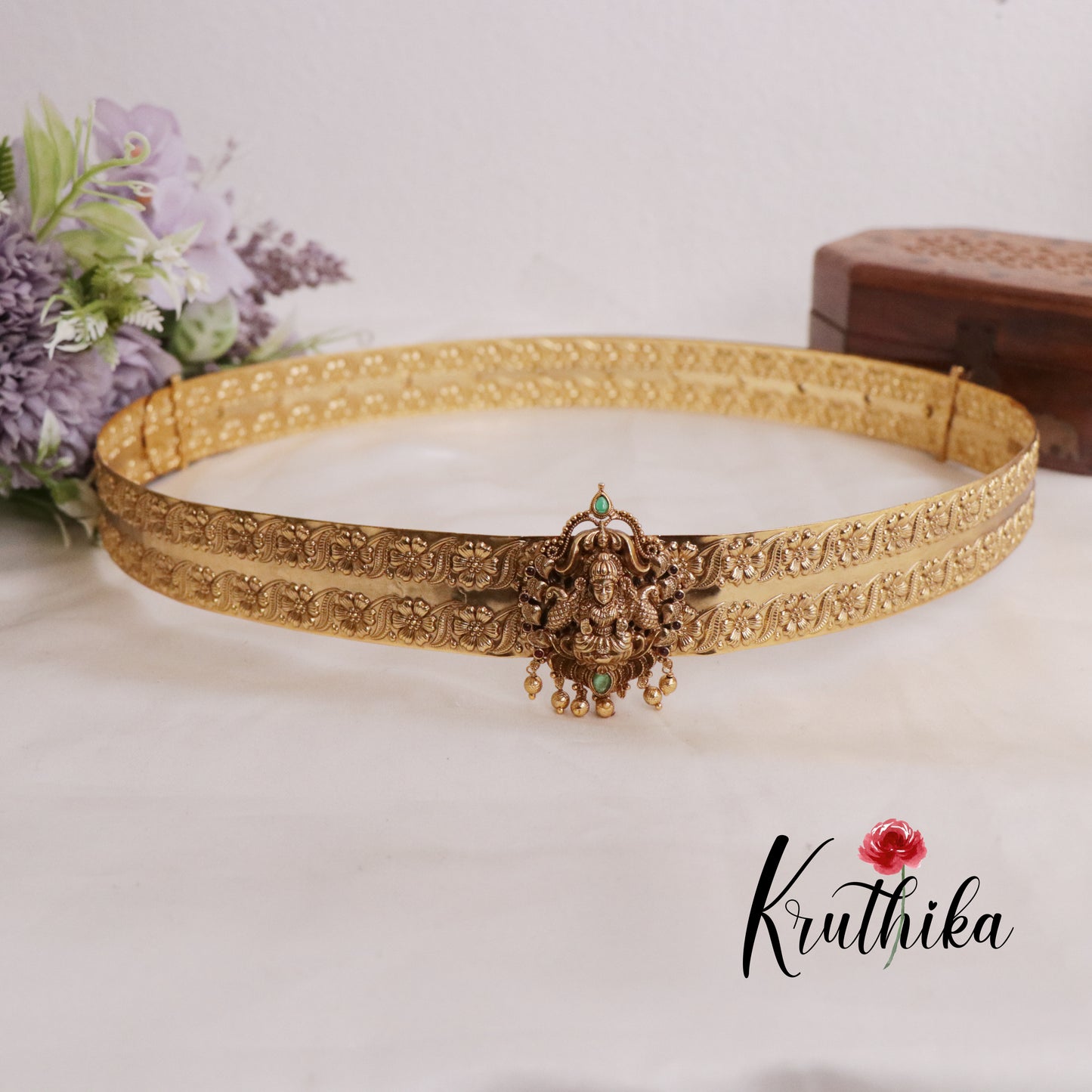 Beauitful Light Weight Temple Lakshmi Peacock Hip Belt with Golden Beads V300