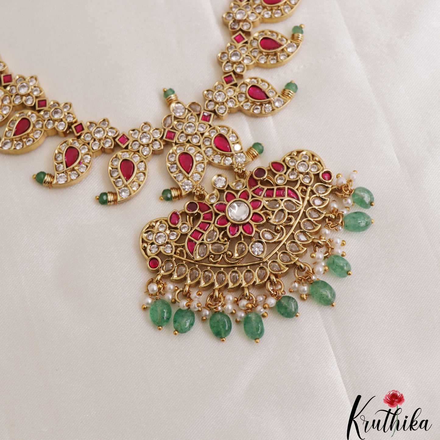 Stunning Mango Peacock Motifs CZ Necklace With Green Bead Drops NC3089 (Available In 2 Colors)