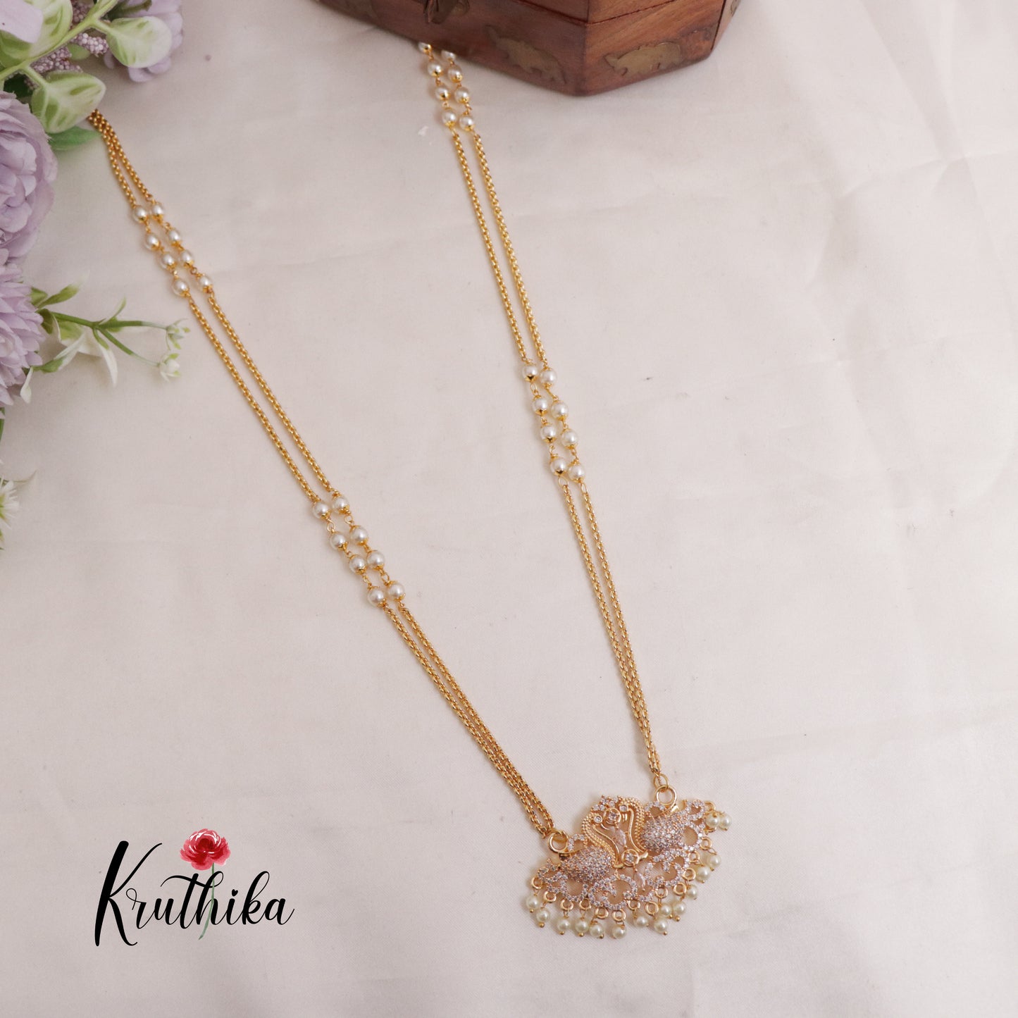 Simple Two Layer Peacock Motif Pendant Haaram with Pearl Drops LH1994