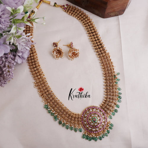 Premium Three Layer Jadau Floral Haaram with Pastel Green Beads LH1898