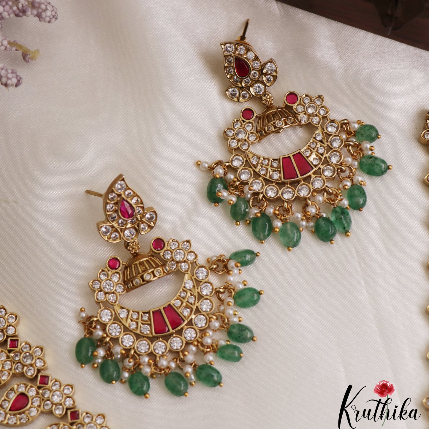 Stunning Mango Peacock Motifs CZ Necklace With Green Bead Drops NC3089 (Available In 2 Colors)