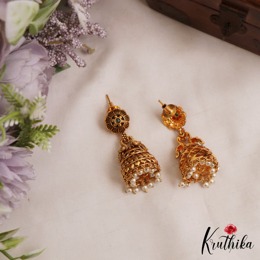 Pretty Antique Floral Peacock Motifs Jhumkas With Pearl Drops E1165 (Available In 2 Colors)