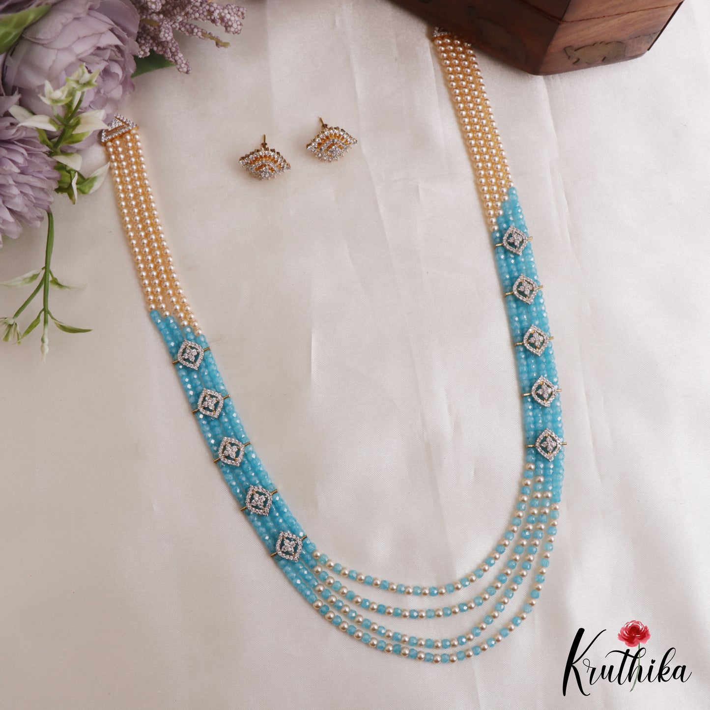 Classic Multi Layered Crystal & Pearl Haaram With Floral Accents LH2128 (Available In 8 Colors)