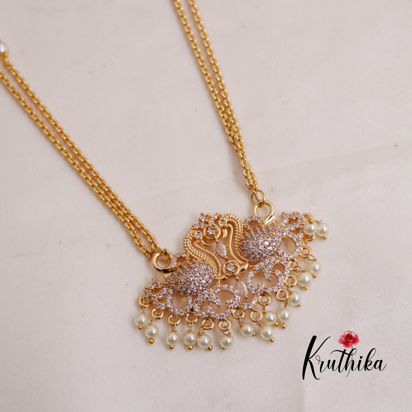 Simple Two Layer Peacock Motif Pendant Haaram with Pearl Drops LH1994