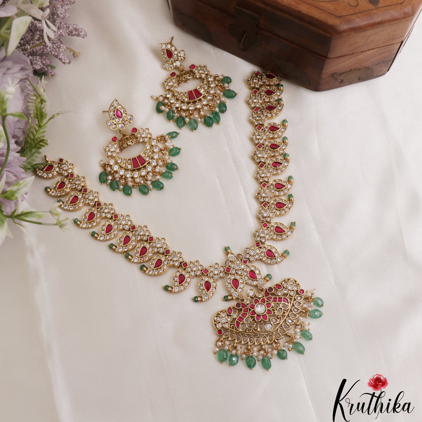 Stunning Mango Peacock Motifs CZ Necklace With Green Bead Drops NC3089 (Available In 2 Colors)