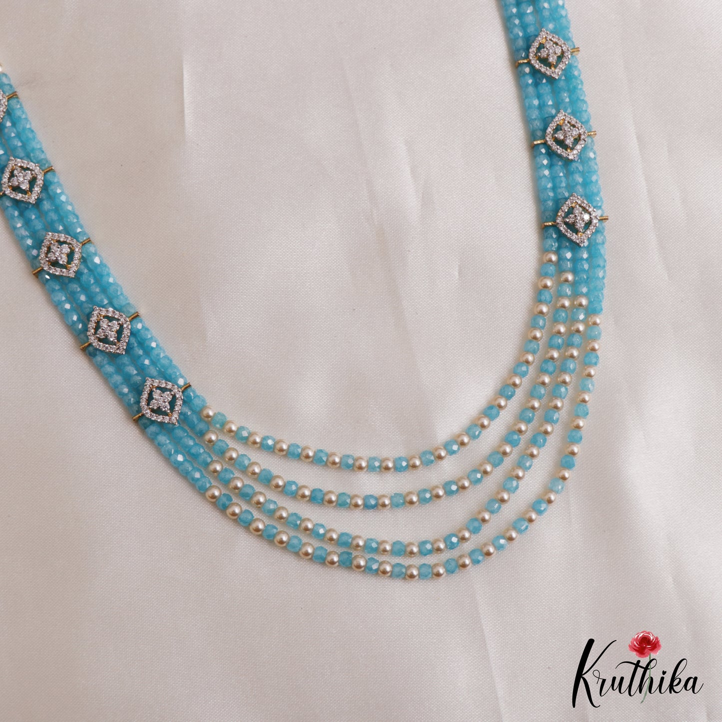 Classic Multi Layered Crystal & Pearl Haaram With Floral Accents LH2128 (Available In 8 Colors)
