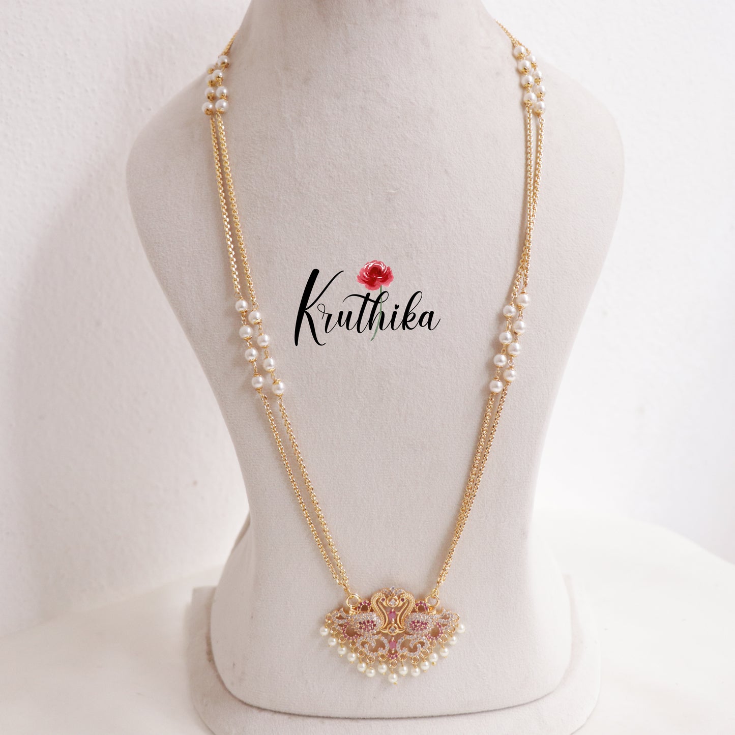 Simple Two Layer Peacock Motif Pendant Haaram with Pearl Drops LH1994