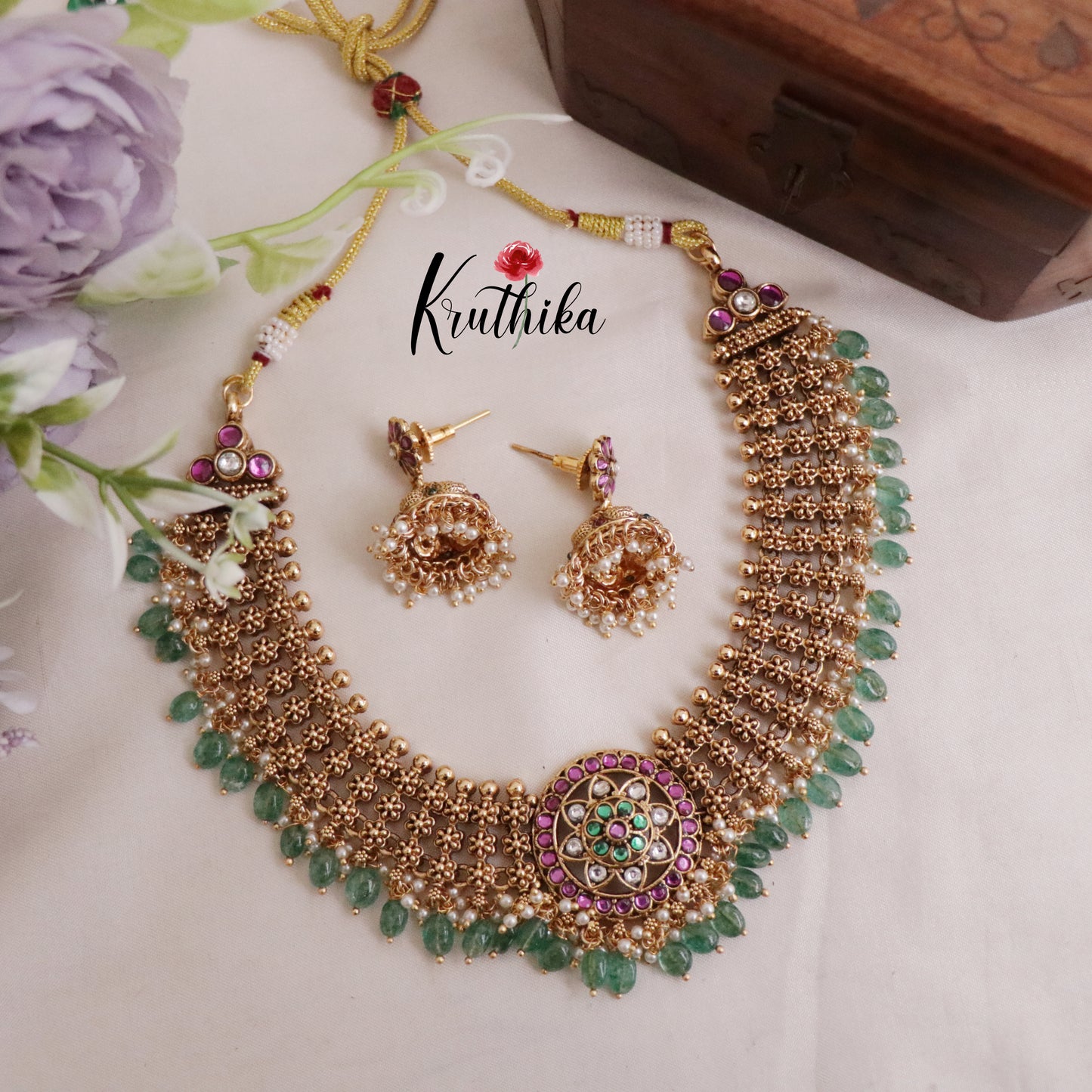 Premium Three Layer Jadau Floral Necklace with Pastel Green Beads NC2047