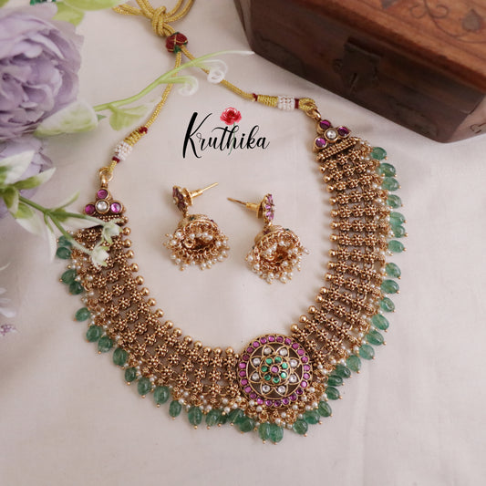 Premium Three Layer Jadau Floral Necklace with Pastel Green Beads NC2047