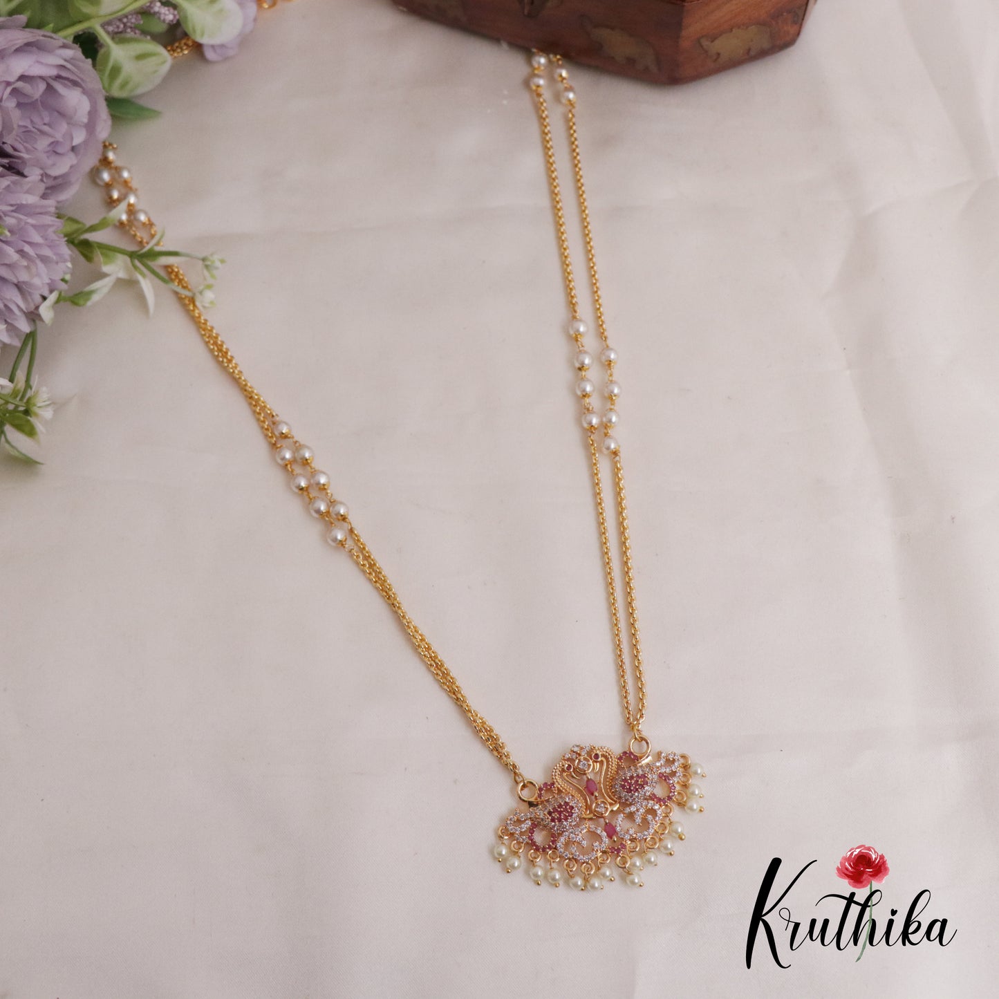 Simple Two Layer Peacock Motif Pendant Haaram with Pearl Drops LH1994