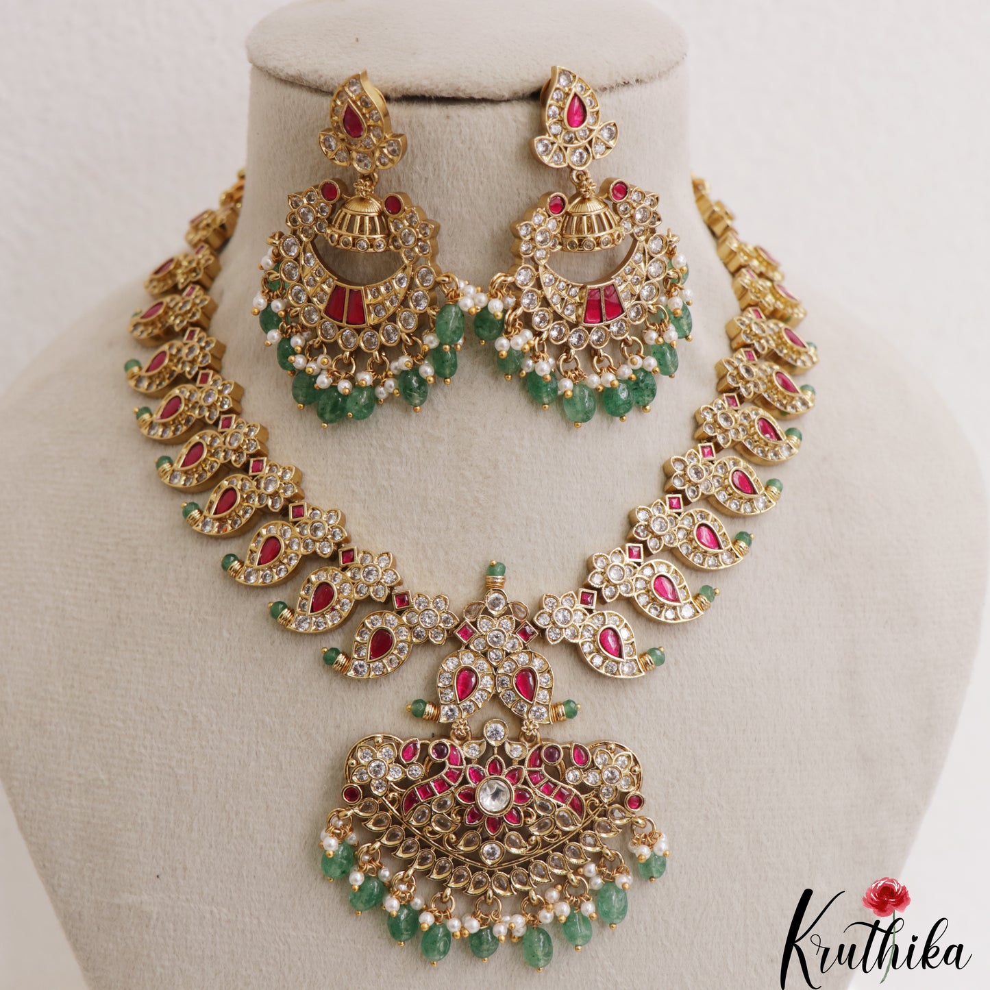 Stunning Mango Peacock Motifs CZ Necklace With Green Bead Drops NC3089 (Available In 2 Colors)