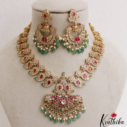 Stunning Mango Peacock Motifs CZ Necklace With Green Bead Drops NC3089 (Available In 2 Colors)