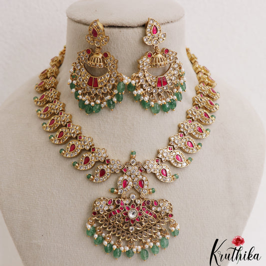 Stunning Mango Peacock Motifs CZ Necklace With Green Bead Drops NC3089 (Available In 2 Colors)