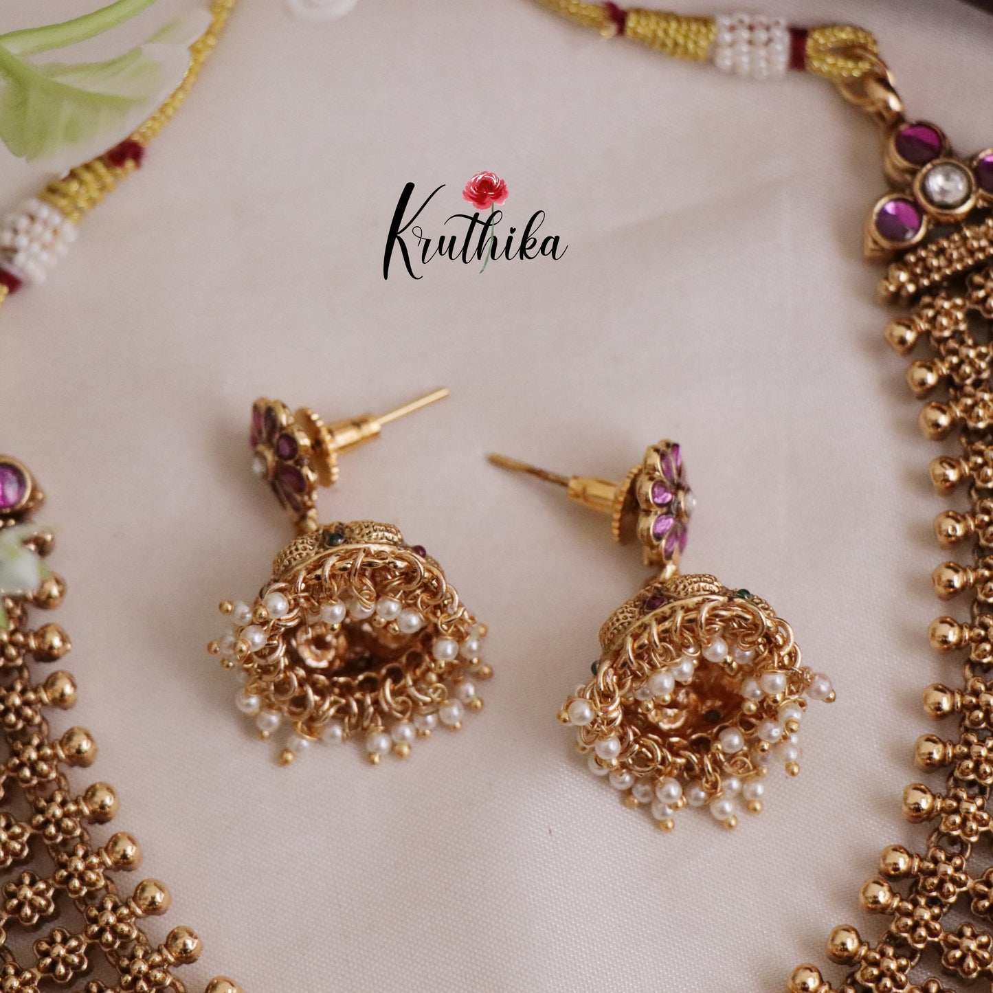 Premium Three Layer Jadau Floral Necklace with Pastel Green Beads NC2047