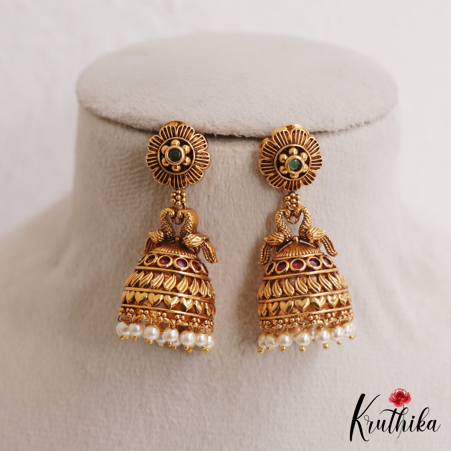 Pretty Antique Floral Peacock Motifs Jhumkas With Pearl Drops E1165 (Available In 2 Colors)