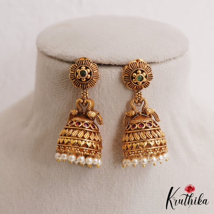 Pretty Antique Floral Peacock Motifs Jhumkas With Pearl Drops E1165 (Available In 2 Colors)