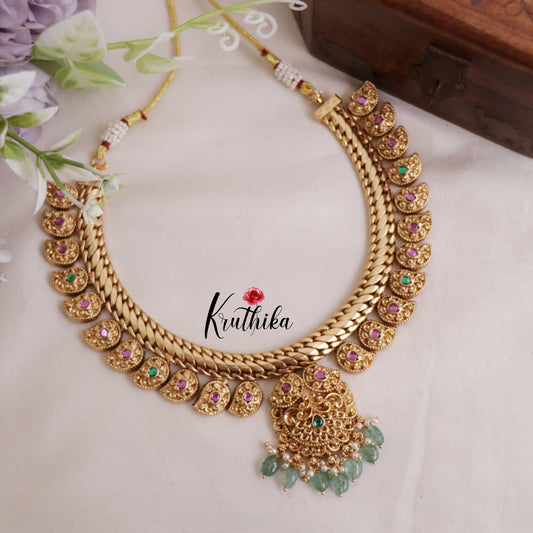 Elegant Jadau Manga Design Jalebi Style Necklace with Pastel Green Beads NC2043