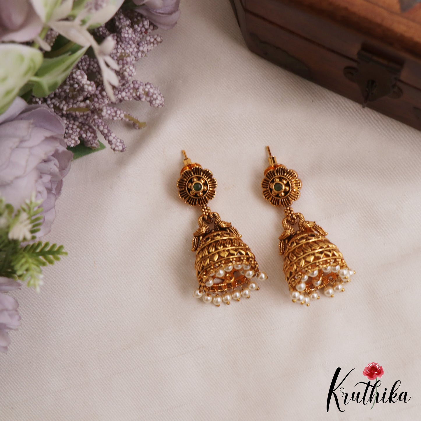 Pretty Antique Floral Peacock Motifs Jhumkas With Pearl Drops E1165 (Available In 2 Colors)