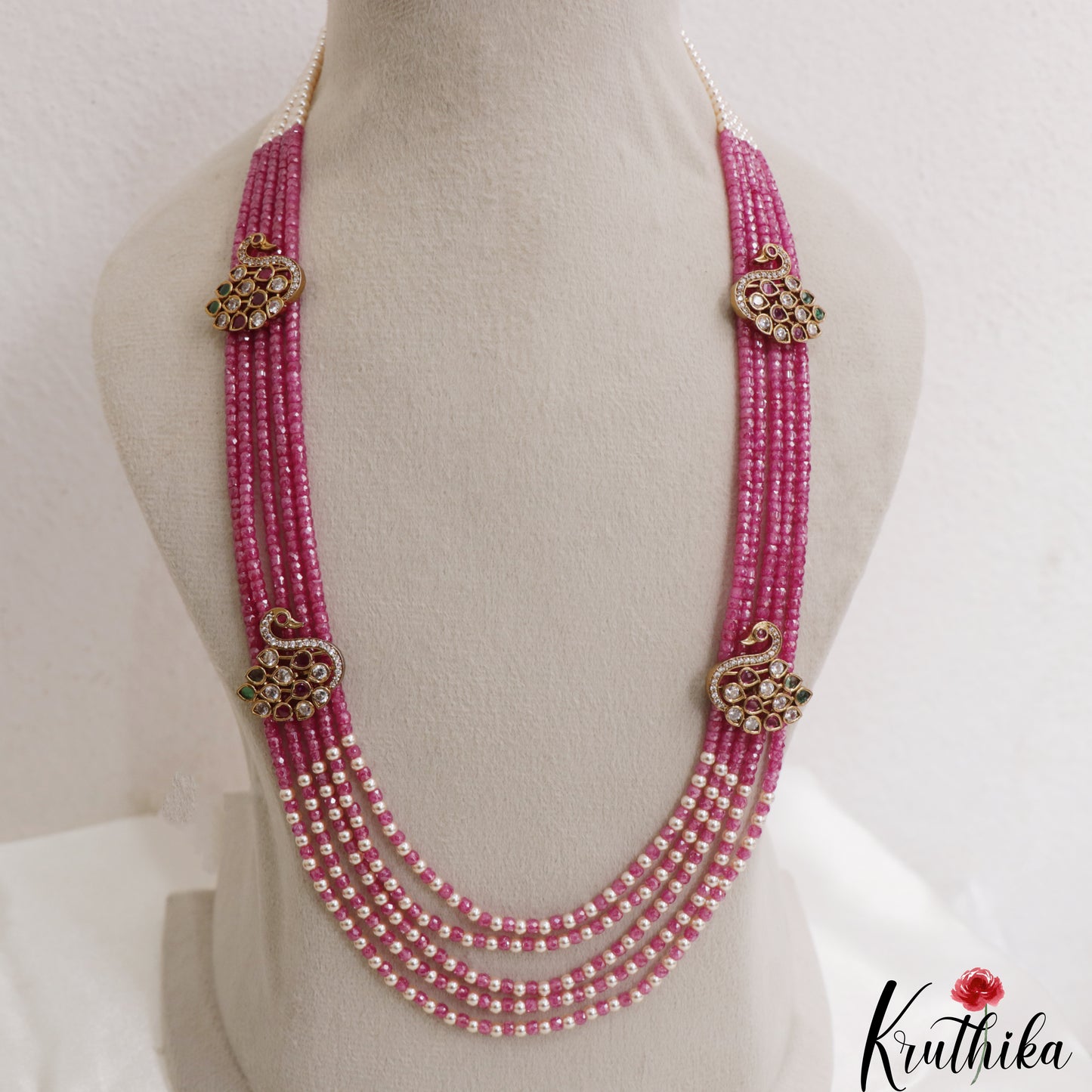 Stunning Multi Layered Crystal & Pearl Haaram With Peacock Accents LH2138 (Available In 2 Colors)