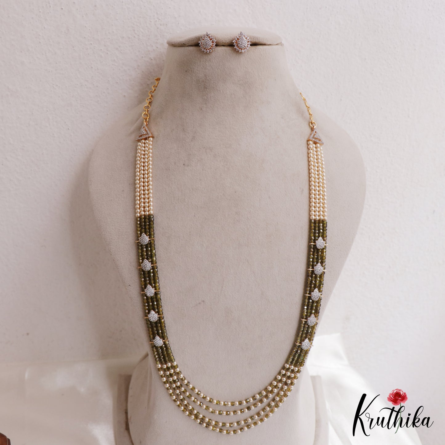 Elegant Multi Layered Crystal & Pearl Haaram With Floral Accents LH2130 (Available In 6 Colors)