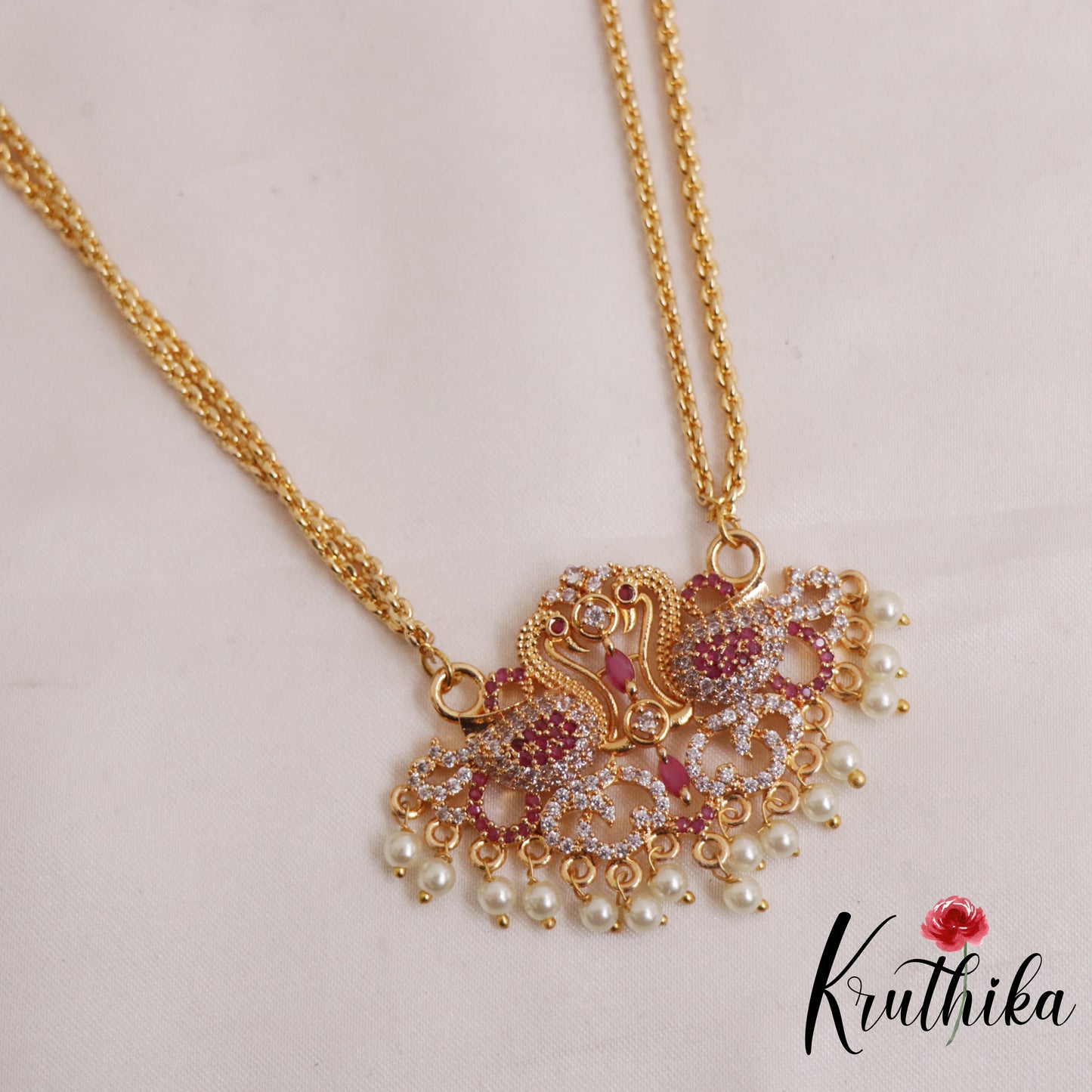 Simple Two Layer Peacock Motif Pendant Haaram with Pearl Drops LH1994