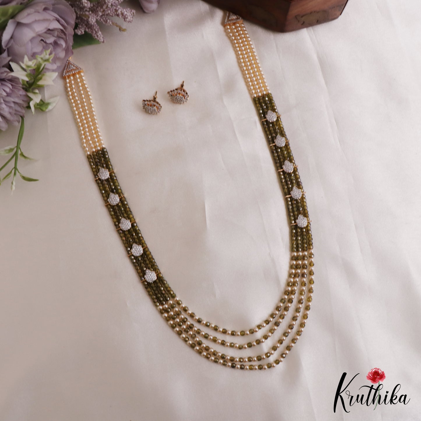 Elegant Multi Layered Crystal & Pearl Haaram With Floral Accents LH2130 (Available In 6 Colors)