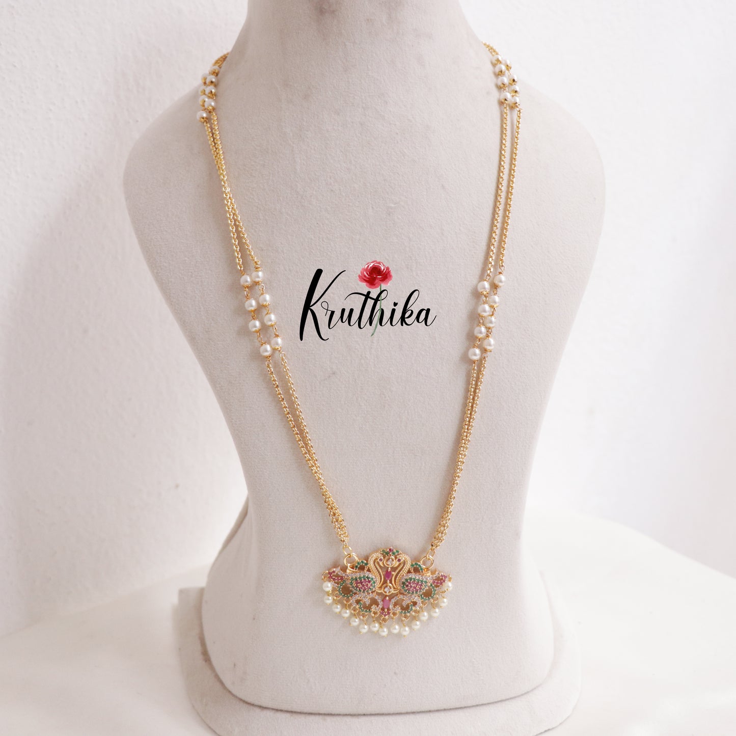 Simple Two Layer Peacock Motif Pendant Haaram with Pearl Drops LH1994