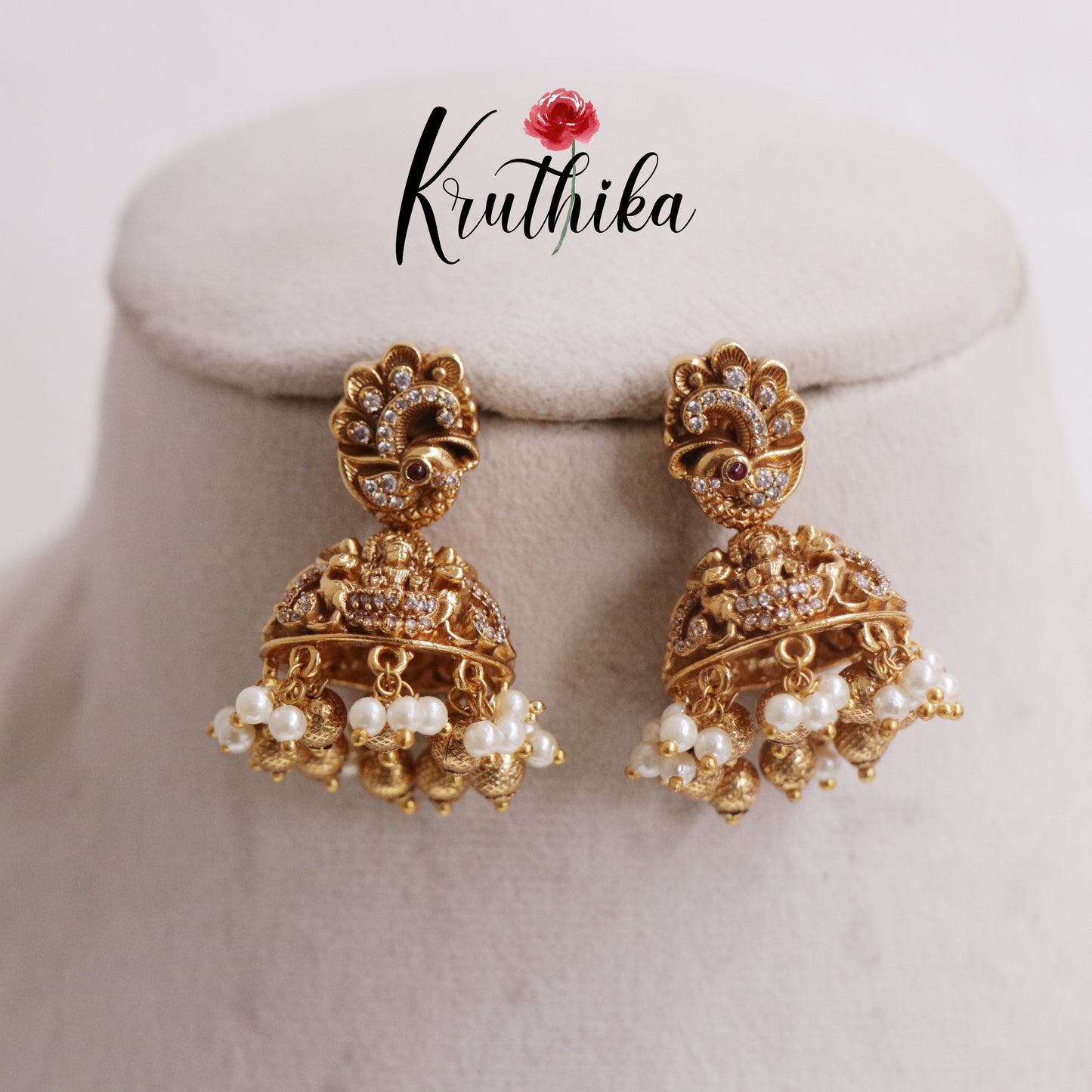 Beautiful Peacock Lakshmi Jhumkas with Pearls and Golden Beads Drops E732
