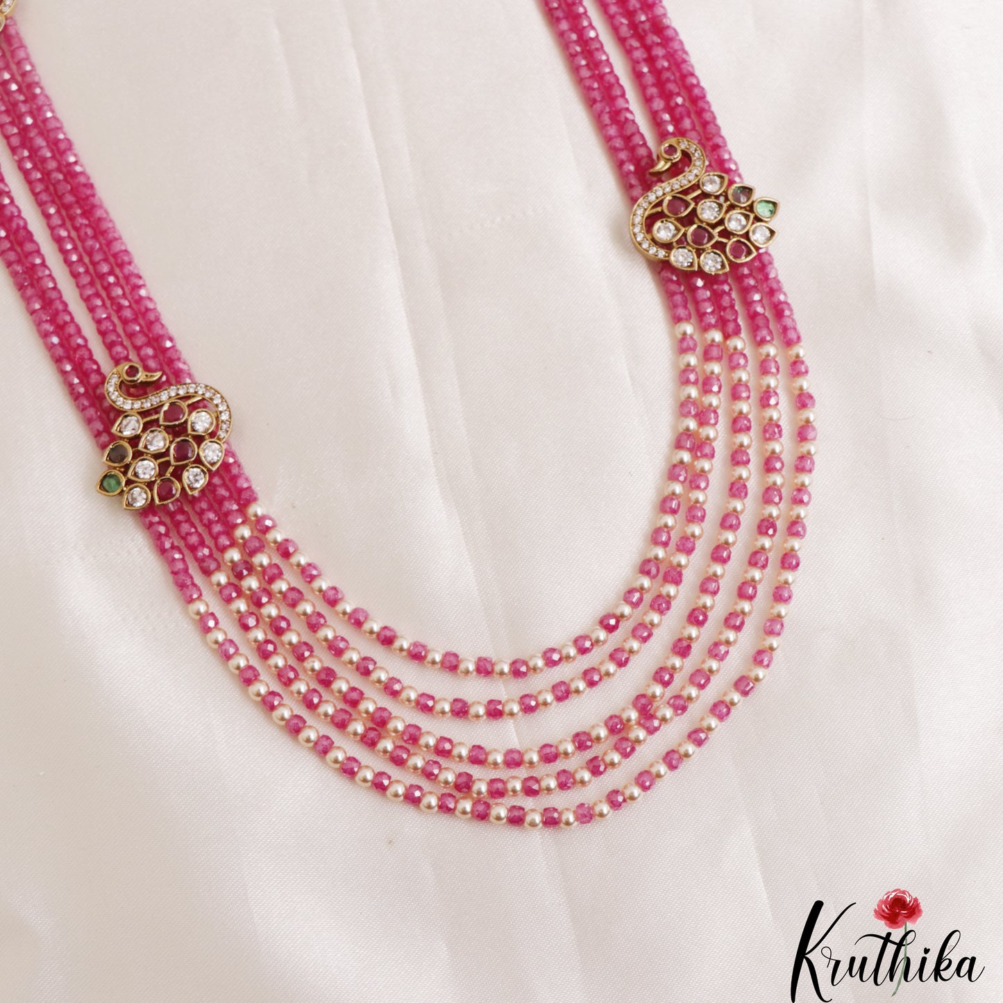 Stunning Multi Layered Crystal & Pearl Haaram With Peacock Accents LH2138 (Available In 2 Colors)