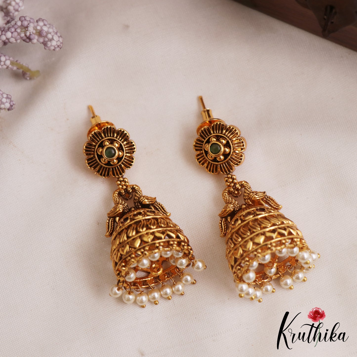Pretty Antique Floral Peacock Motifs Jhumkas With Pearl Drops E1165 (Available In 2 Colors)