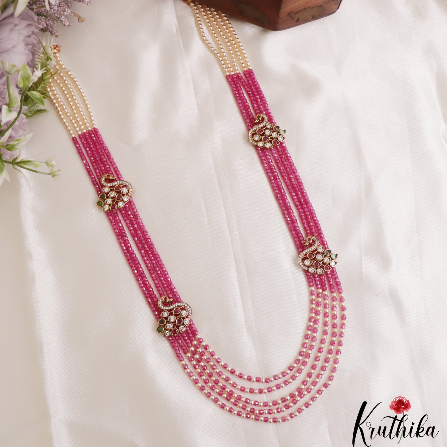 Stunning Multi Layered Crystal & Pearl Haaram With Peacock Accents LH2138 (Available In 2 Colors)